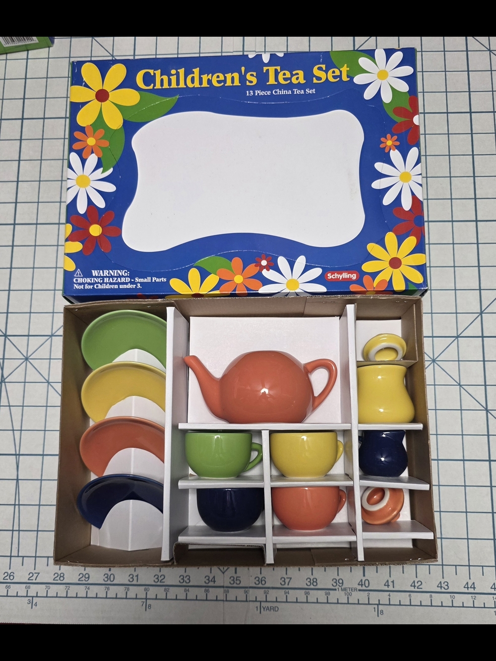 Schylling Childrens 13 pc Tea Set  Ceramic Retro & Fiesta Colors, NIB.  Set #1